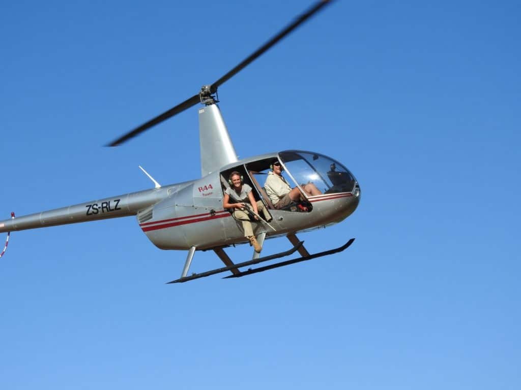 Veterinarian in helicopter with dart gun