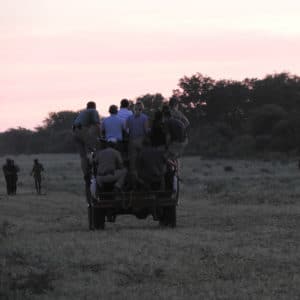 Car driving at sunrise with people in the tray